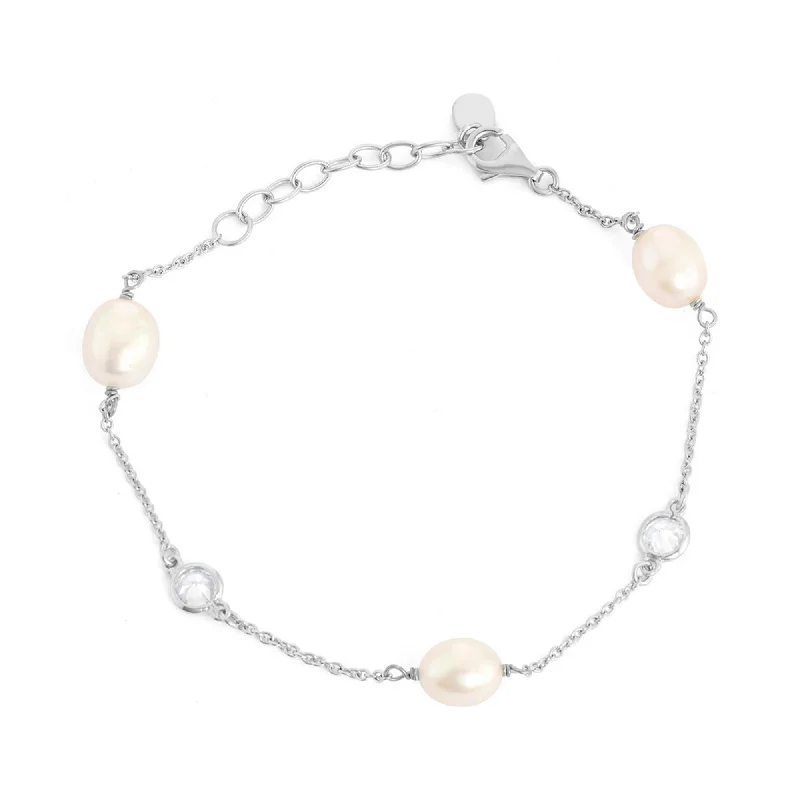 ladies bracelets holder-Classic Women's Bracelet - Silver Bezel Set White CZ and Freshwater Pearl | T-7269