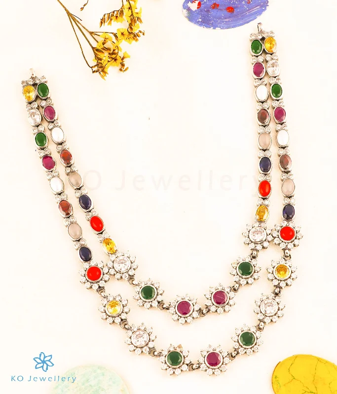 ladies necklaces auction-The Madulika 2 layer Silver Navratna Necklace (Oxidised)