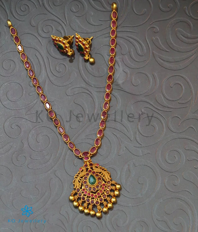 ladies necklaces orange-The Pratiksha Silver Peacock Kemp Necklace