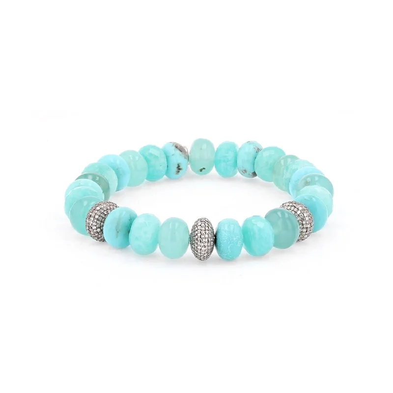 ladies bracelets retro design-Blue Green Gemstone Beaded Bracelet with 3 Pave Diamond Donuts - 10mm  B0003359