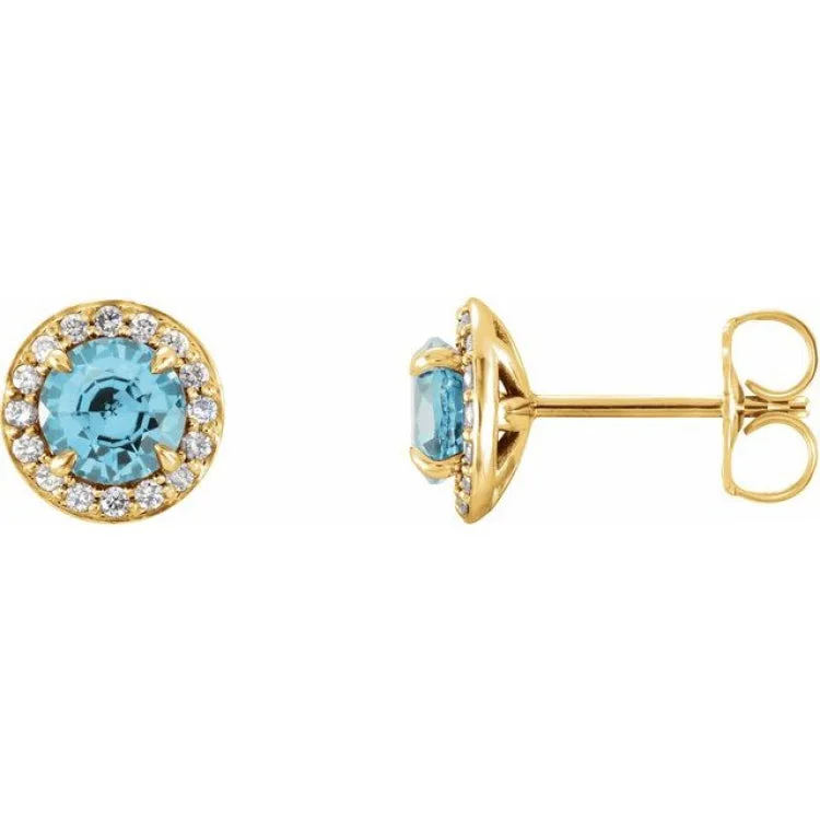 Ladies earrings topaz glow studs -14K Yellow 4 mm Natural Blue Zircon & 1/10 CTW Natural Diamond Earrings