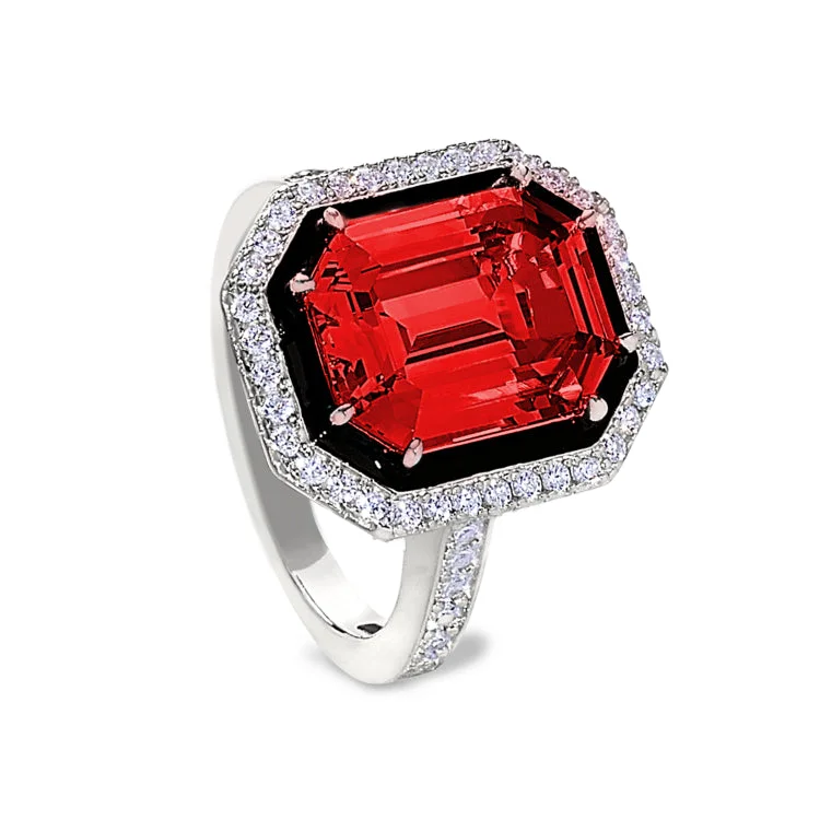 Ladies rings bloom charm -Platinum Finish Sterling Silver Micropave Black Enamel & Simulated Ruby Octagon Ring with Simulated Diamonds - Size 9