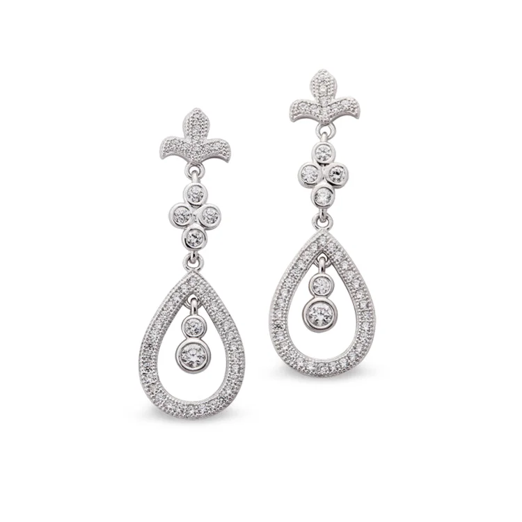 Ladies earrings lift glow -Platinum Finish Sterling Silver Micropave Fleur De Lis Teardrop Drop Earrings with 88 Simulated Diamonds