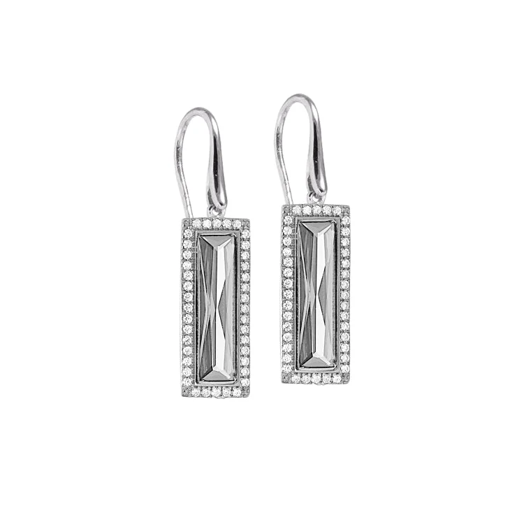 Ladies earrings fate charm -Rhodium Finish Sterling Silver Earrings with Rectangular Simulated Diamond Stones and Simulated Diamonds