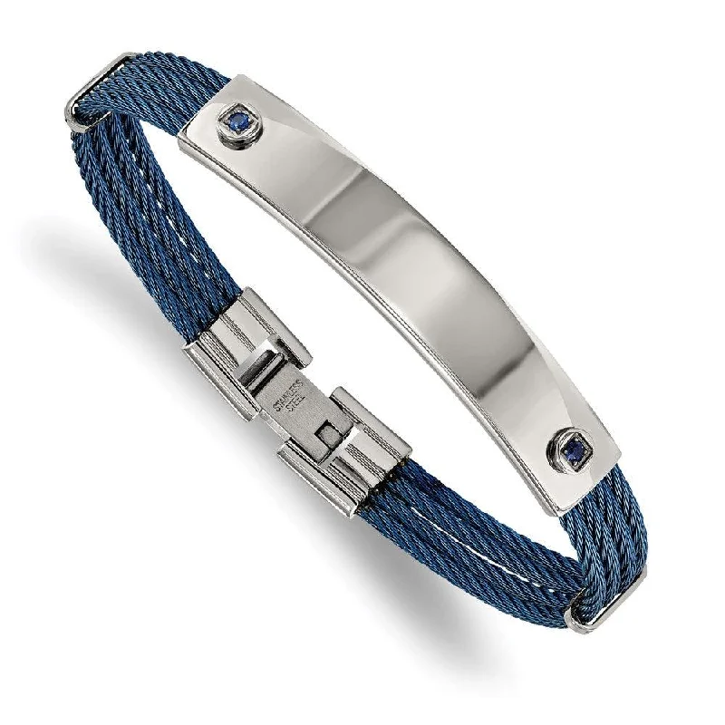 ladies bracelets flower-Stainless Steel Polished Blue IP-plated Cable Blue CZ 7.25in ID Bracelet