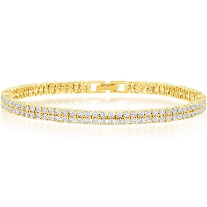 ladies bracelets casual-Classic Women's Bracelet - Sterling Silver Gold Double Row CZ Tennis | T-7885-GP