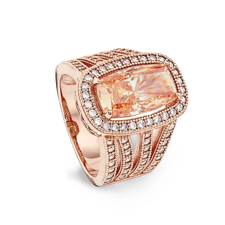 Ladies rings platinum gleam shine -Rose Gold Finish Sterling Silver Micropave Ring with Light Champagne Colored Stone and Simulated Diamonds