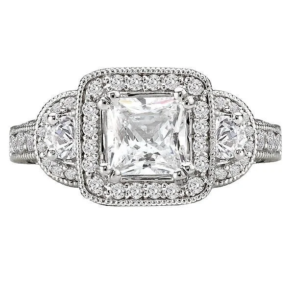 Ladies rings regal cut glow -14KT 2.00 CTW DIAMOND 3 STONE SQUARE HALO RING