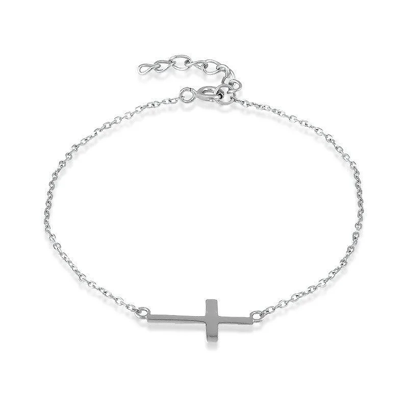 ladies bracelets rose gold-Sterling Silver Sideways Cross Bracelet, 7"