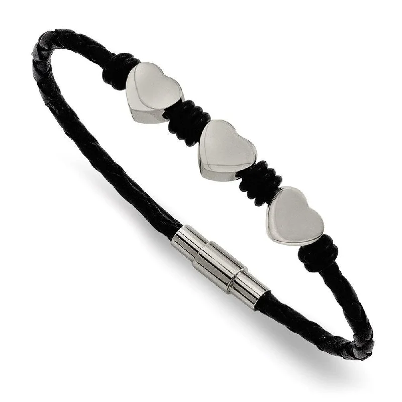 ladies bracelets glamorous-Stainless Steel Black Leather w/Polished Hearts 7.5in Bracelet