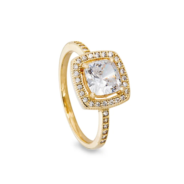 Ladies rings bud radiance -Gold Finish Sterling Silver Micropave Cushion Cut Ring with 37 Simulated Diamonds