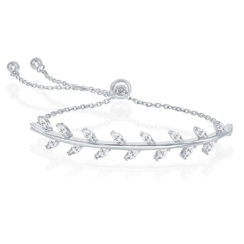 ladies bracelets celebration-Sterling Silver CZ Leaf Design Adjustable Bolo Bracelet