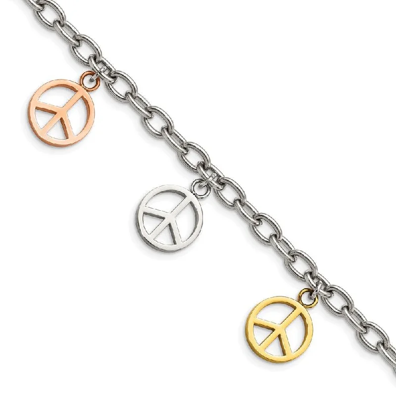 ladies bracelets outdoor-Stainless Steel Multicolor Plated Peace Sign Charms 8.5in Bracelet