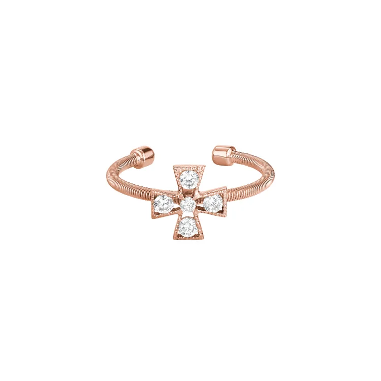 Ladies rings hook charm -Rose Gold Finish Sterling Silver Cable Cuff 5 Stone Cross Ring with Simulated Diamonds