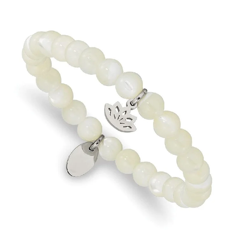 ladies bracelets love-Stainless Steel Polished Lotus Mother of Pearl Beaded Stretch Bracelet