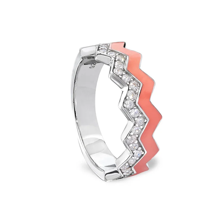 Ladies rings odd stone shine -Platinum Finish Sterling Silver Micropave Ring with with Coral Enamel and Simulated Diamondss