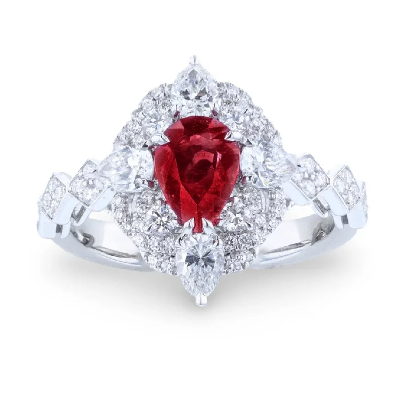 Ladies rings opal glow shine -JULEVE 14KT WHITE GOLD 0.92CTW RED EMERALD & 0.94CTW DIAMOND HALO CLUSTER RING