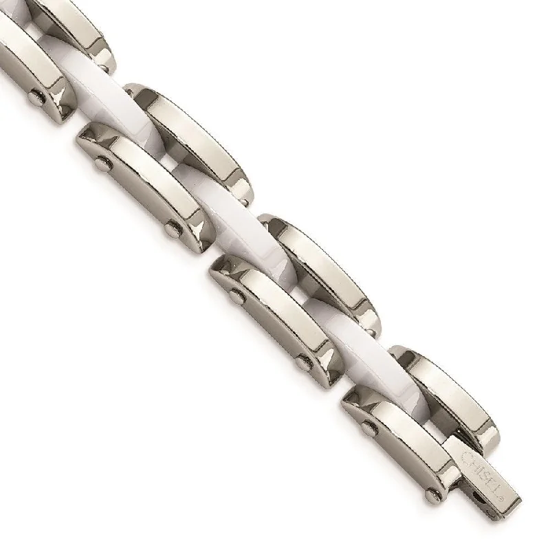 ladies bracelets trending-Stainless Steel & White Ceramic 7.5in Bracelet