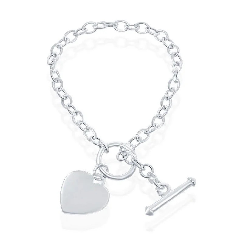 ladies bracelets simple-Sterling Silver Engravable Heart Charm Rolo Chain Bracelet, 7.5"