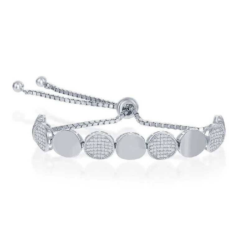 ladies bracelets synthetic-Sterling Silver Alternating Round Polished and Pave Adjustable Bolo Bracelet