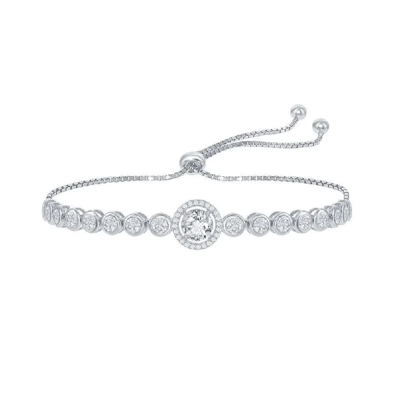 ladies bracelets long lasting-Sterling Silver Round CZ Bezel-Set CZ Adjustable Bolo Bracelet