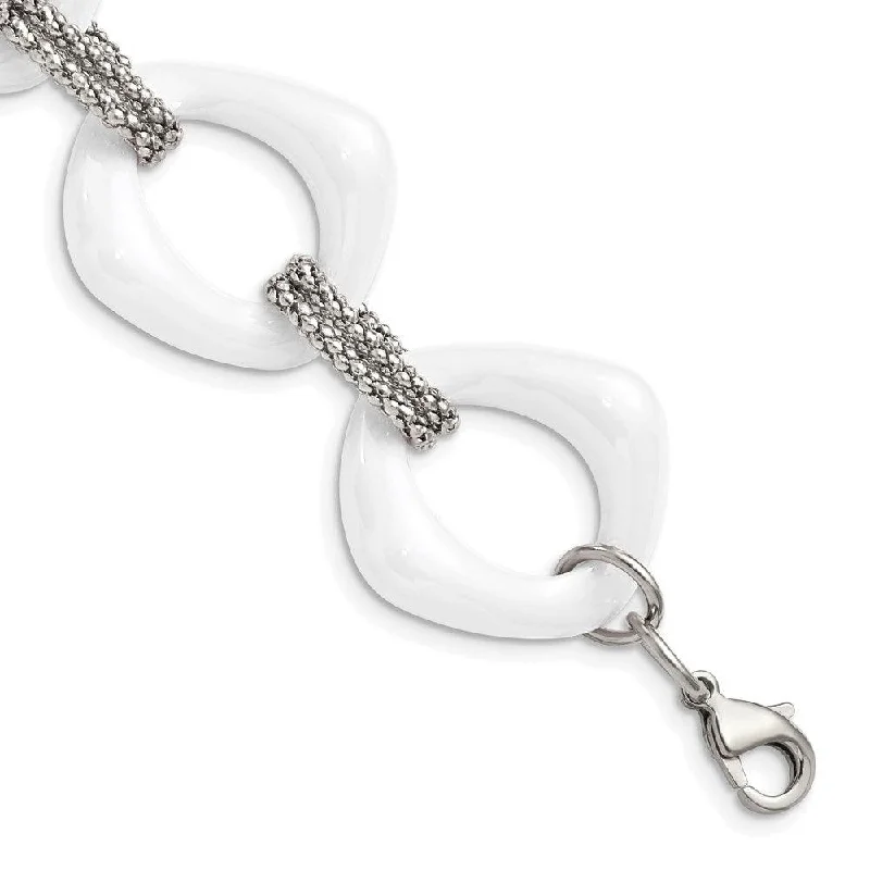 ladies bracelets traditional-Stainless Steel White Ceramic Link Bracelet