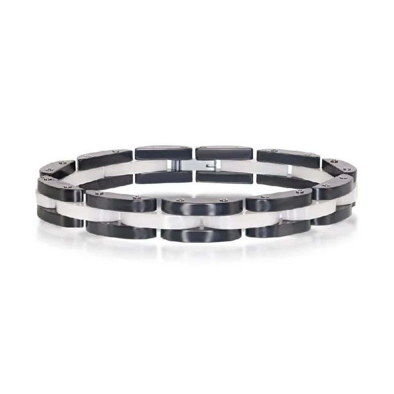 ladies bracelets bespoke-Stainless Steel Black and White Link Bracelet, 8"