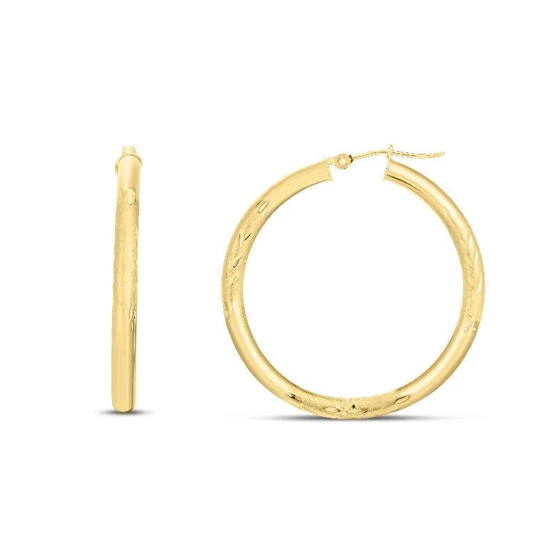 Ladies earrings rise glow -14K Yellow Gold 3mm Diamond Cut & Polished Design Hoop Earring