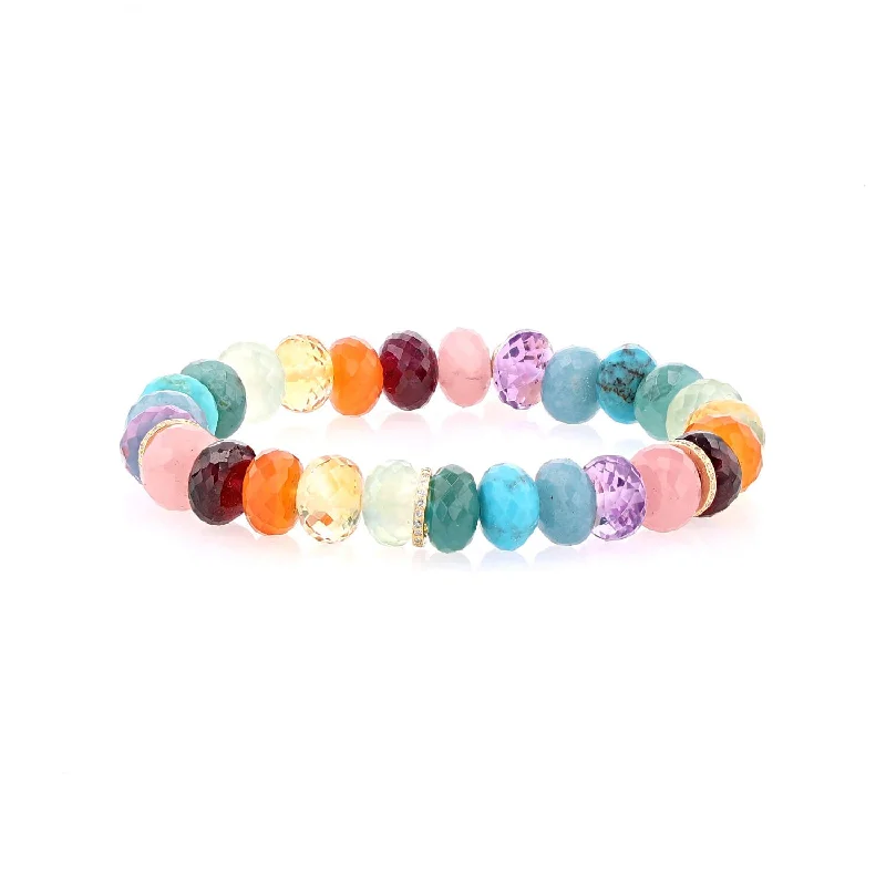 ladies bracelets bold design-Rainbow Gemstone Mix Faceted Bracelet with 14K Pave Diamond Rondelles - 10mm  BG000702