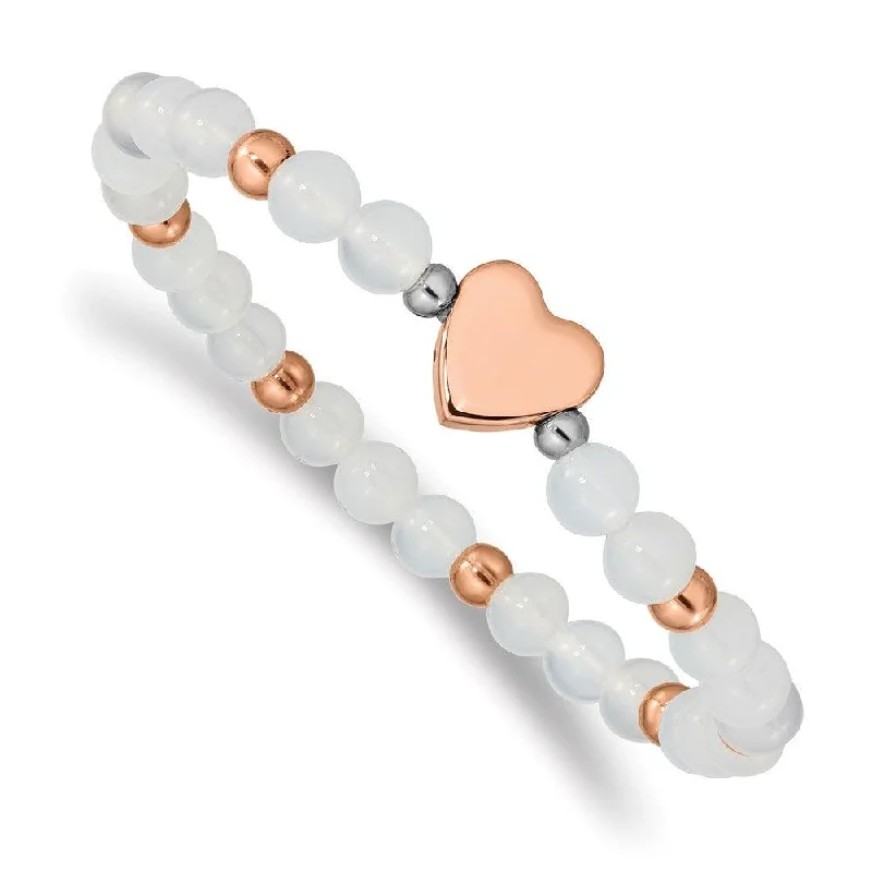 ladies bracelets keepsake-Stainless Steel Rose IP-plated Heart White Agate Stretch Bracelet