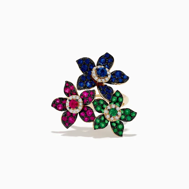 Ladies rings trio charm -Nature 14K Yellow Gold Ruby, Sapphire, Emerald and Diamond Flower Ring