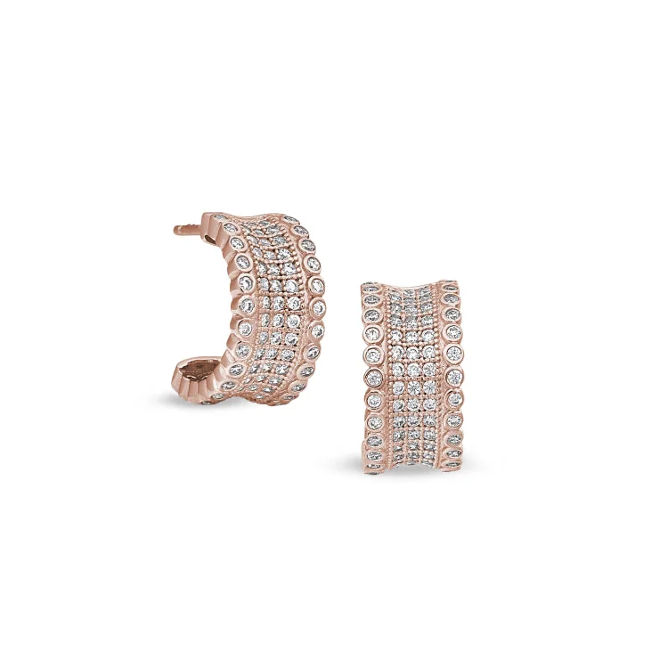 Ladies earrings map charm -Rose Gold Finish Sterling Silver Micropave Five Row Concave Huggie Earrings with Simulated Diamonds