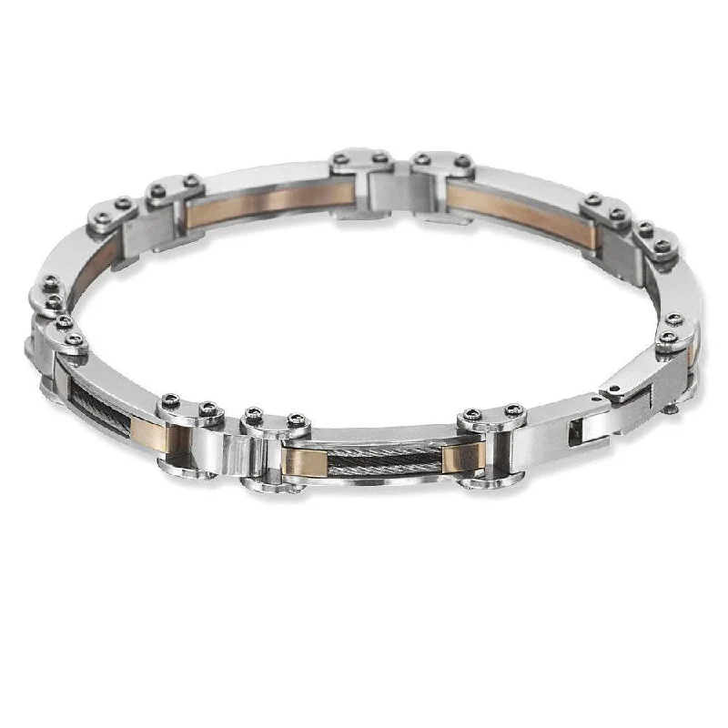 ladies bracelets special occasion-Stainless Steel Rose GP with Black and Silver Cable Bracelet