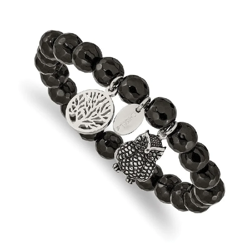 ladies bracelets luxury-Stainless Steel Antiqued & Polished Owl Black Jade Stretch Bracelet