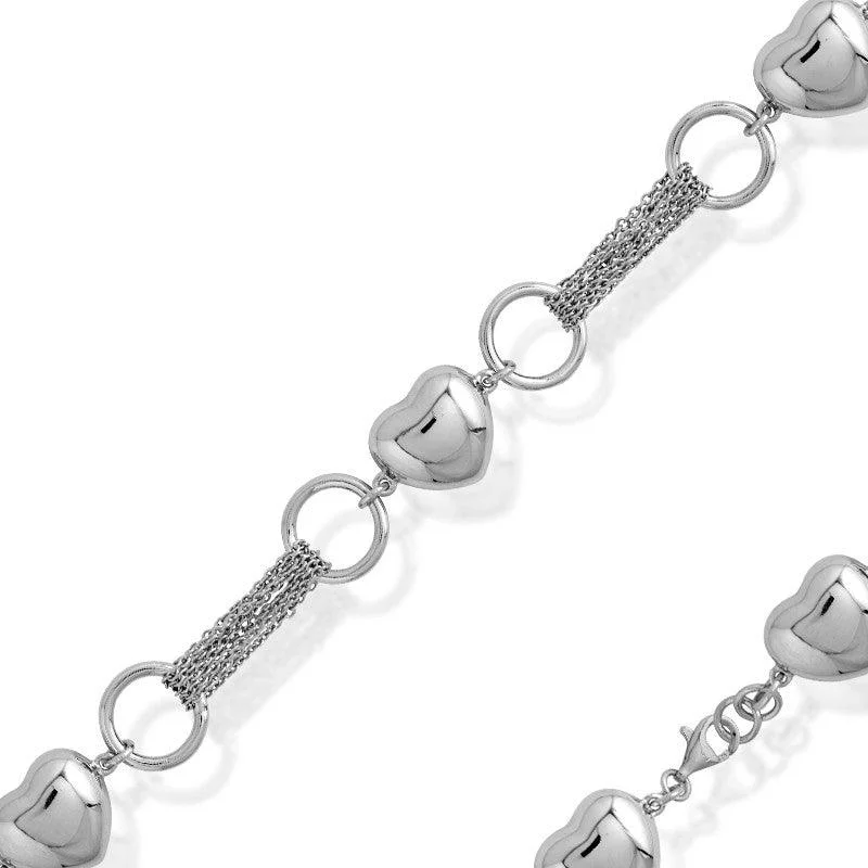 ladies bracelets casual-Sterling Silver Puffed Hearts, Open Circles and Chains Bracelet