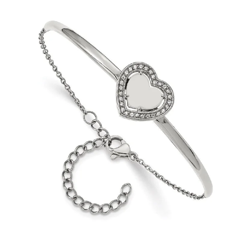 ladies bracelets milestone-Stainless Steel Polished with CZ Heart 6.5in with 2in ext. Bar Bracelet