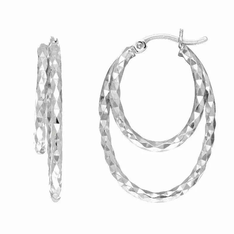 Ladies earrings near glow -Silver Double Diamond Cut Hoop Earring