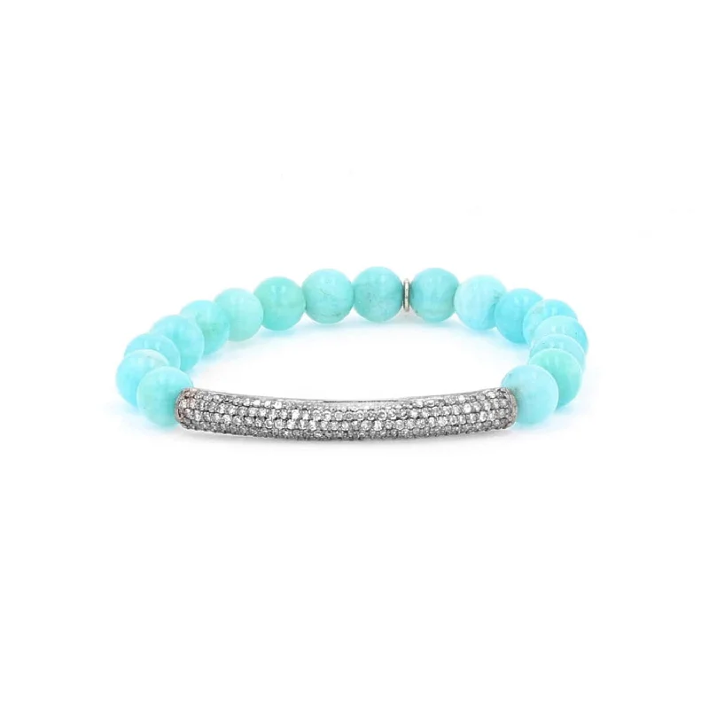 ladies bracelets surprise-Amazonite Beaded Bracelet with Pave Diamond Bar - 8mm  B0003447