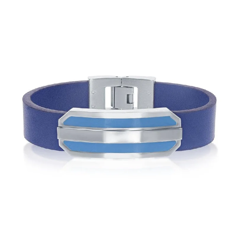 ladies bracelets travel friendly-Stainless Steel Blue Strap with Center Lined Bar Bracelet