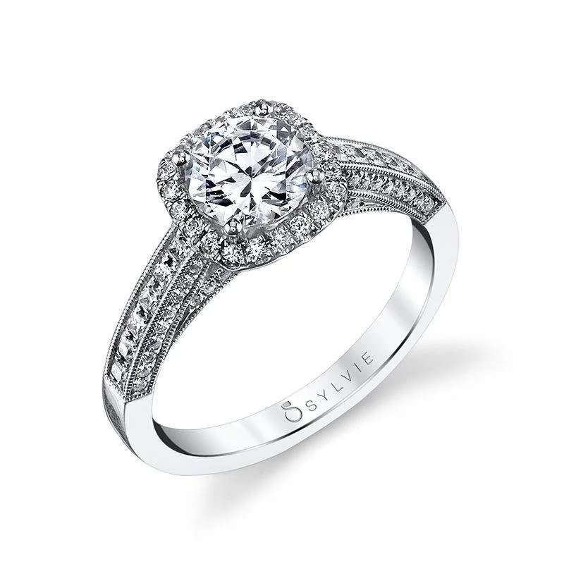 Ladies engagement rings old shine -Vintage Inspired Round Engagement Ring With Cushion Halo SY652