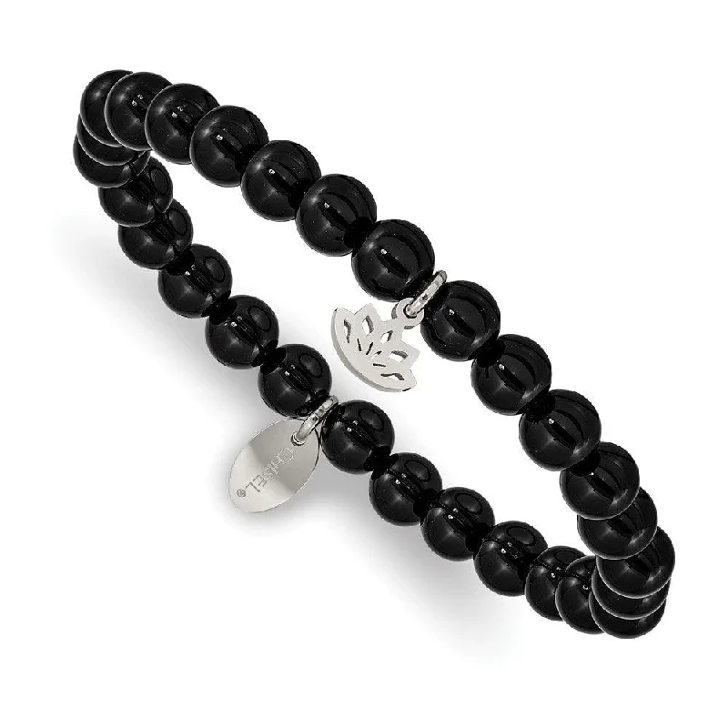 ladies bracelets simple-Stainless Steel Polished Lotus Black Agate Beaded Stretch Bracelet