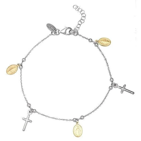 ladies bracelets infinity-Sterling Silver Cross and Medal Charm Bracelet, 7"