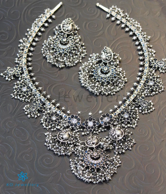 ladies necklaces clearance-The Marala Silver Guttapusalu Necklace (Oxidised/Blue)