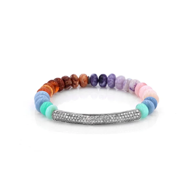 ladies bracelets peace-Multi-color Opal Bead Bracelet with Pave Diamond Tube - 8mm  B0003454