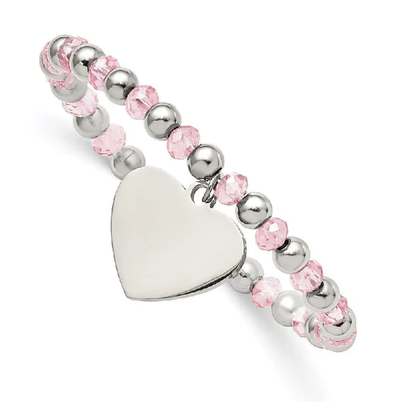 ladies bracelets second hand-Stainless Steel Polished w/Pink Glass Beads Heart Dangle Stretch Bracelet