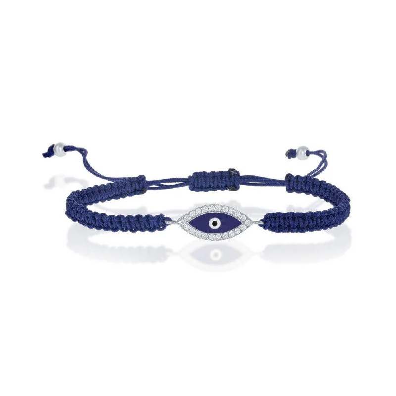 ladies bracelets reward-Sterling Silver CZ Evil Eye on Navy Blue Cord Bracelet, 7"