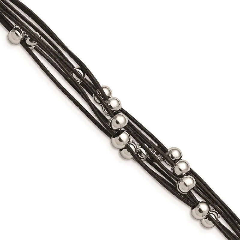 ladies bracelets party-Stainless Steel Black Leather w/Beads 8in Bracelet