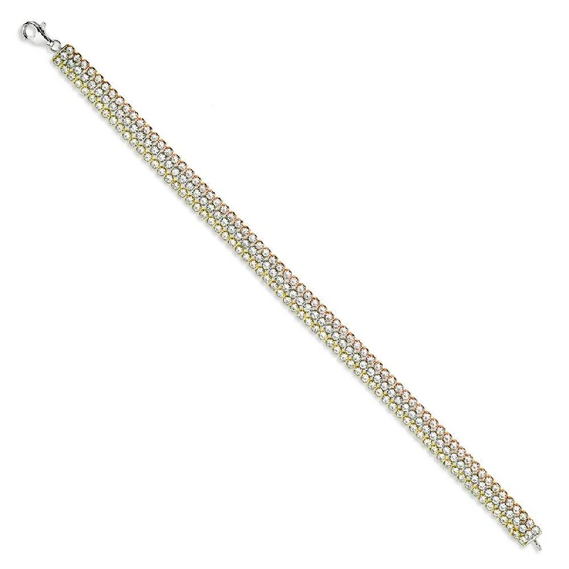 ladies bracelets detailed-Sterling Silver Tri Color Triple Row CZ Tennis Bracelet, 7"