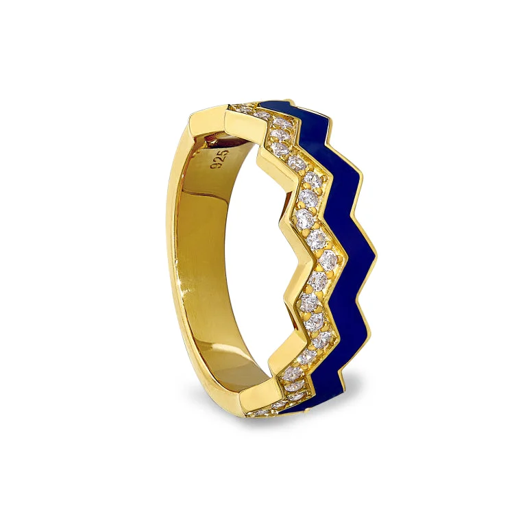 Ladies rings signed charm -Gold Vermeil Sterling Silver Micropave Ring with with Navy Enamel and Simulated Diamondss