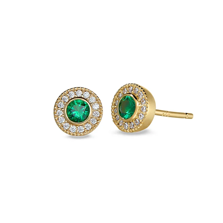 Ladies earrings wild charm -Gold Finish Sterling Silver Micropave Round Simulated Emerald Earrings with Simulated Diamonds